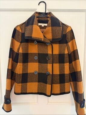 LOFT Mustard and Black Buffalo Plaid Double-Breasted Pea Coat